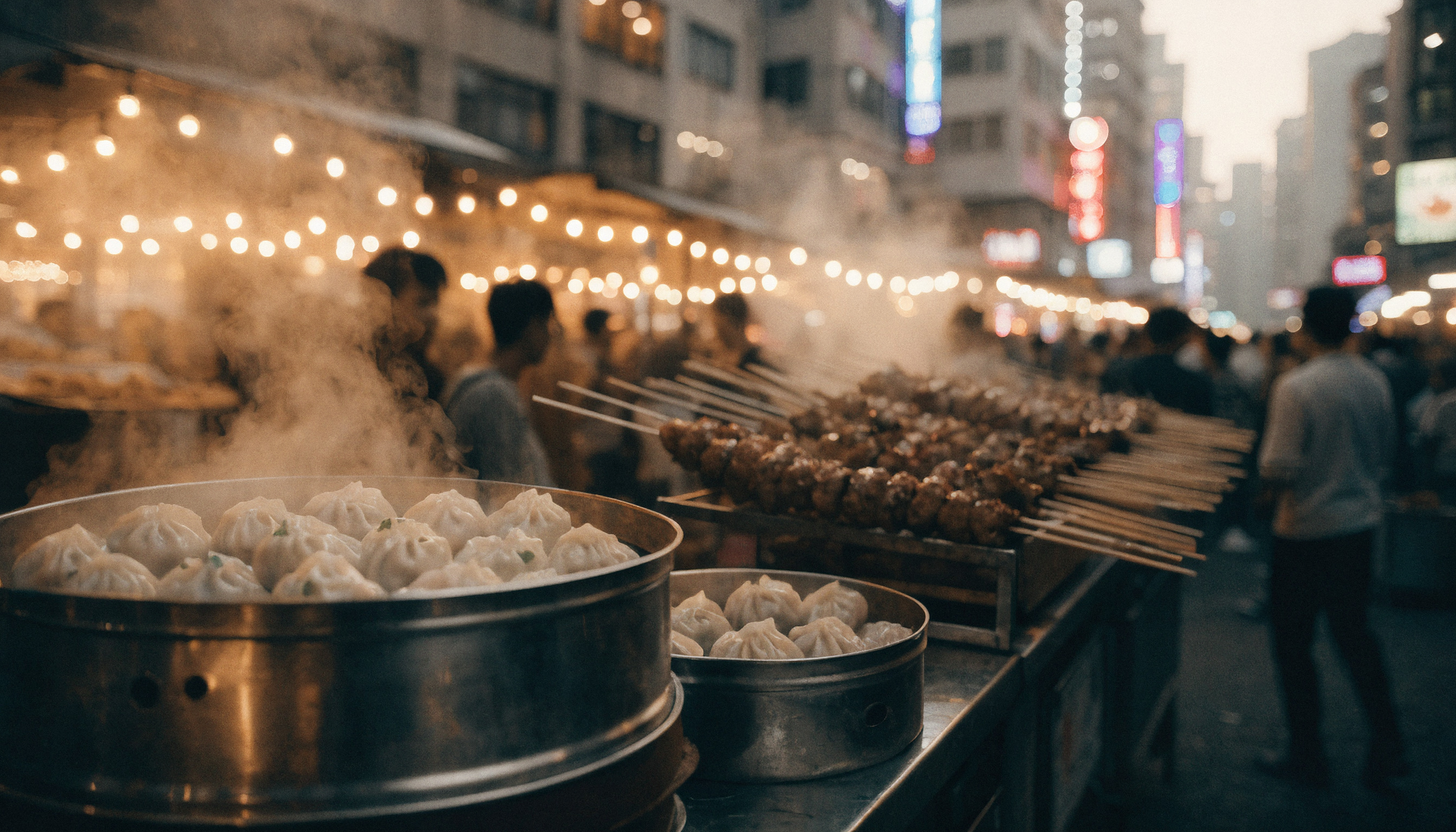 Buhar ve ışıklar arasında bir helal yemek festivali standı, Hong Kong sokağında